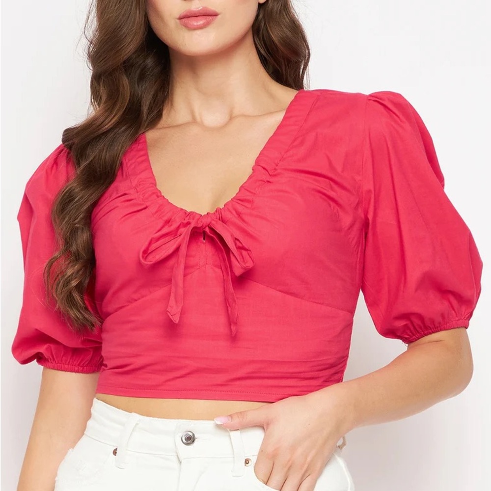 Sim & Sam Bright Pink Puff Sleeve Crop Top